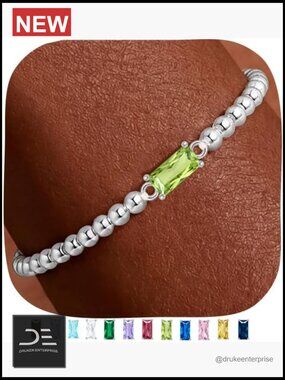 Dainty Birthstone Bracelet for Women, Silver Bead Elastic Bracelet, Friendship
